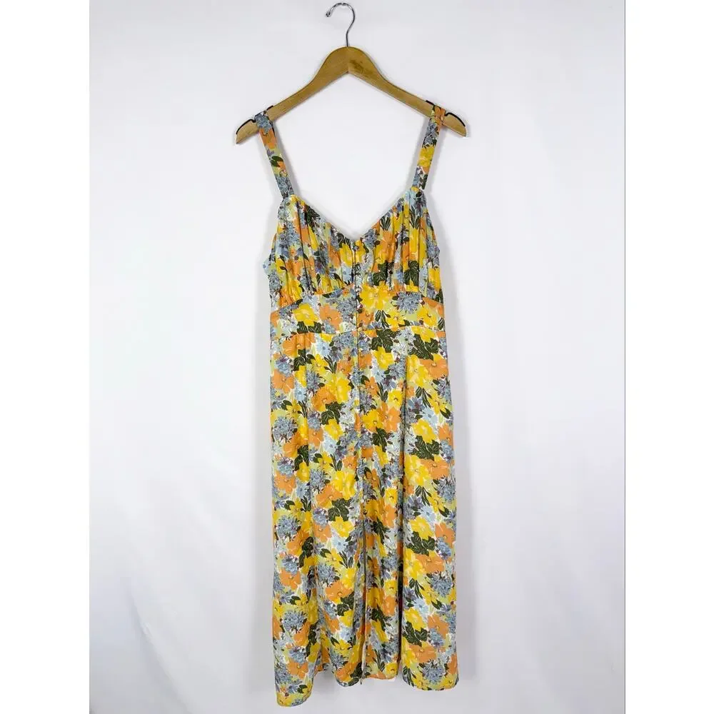 Abercrombie & Fitch Floral Gathered Front Midi Dress Women's Large Yellow - Picture 2 of 16